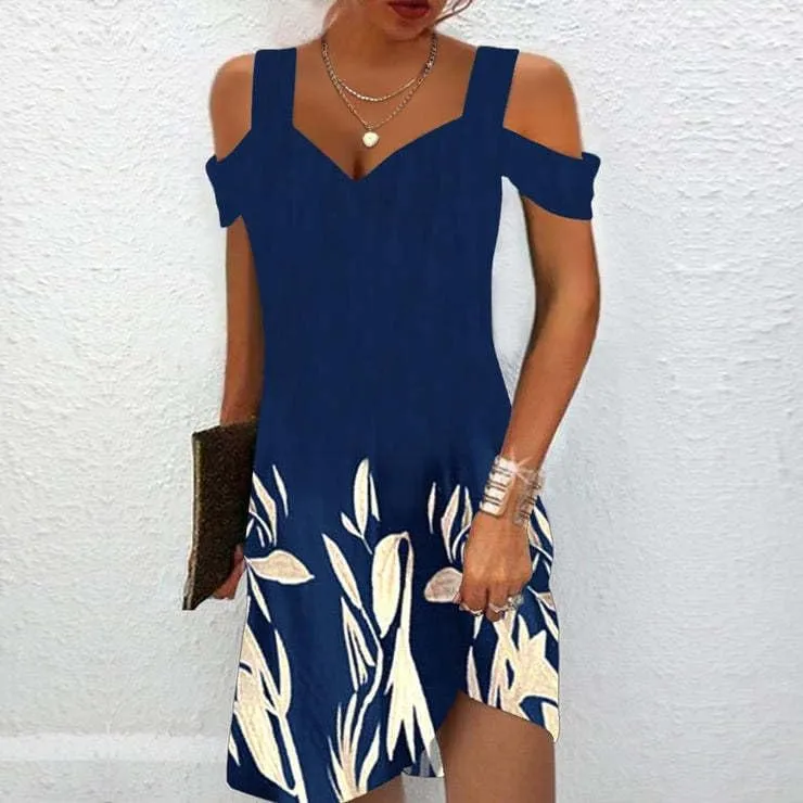 Women Summer Cold Shoulder Boho Midi Sun Dress Casual V Neck Floral Print Flowy Beach Shift Dress