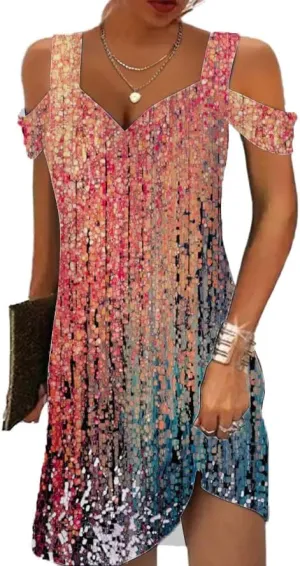 Women Summer Cold Shoulder Boho Midi Sun Dress Casual V Neck Floral Print Flowy Beach Shift Dress
