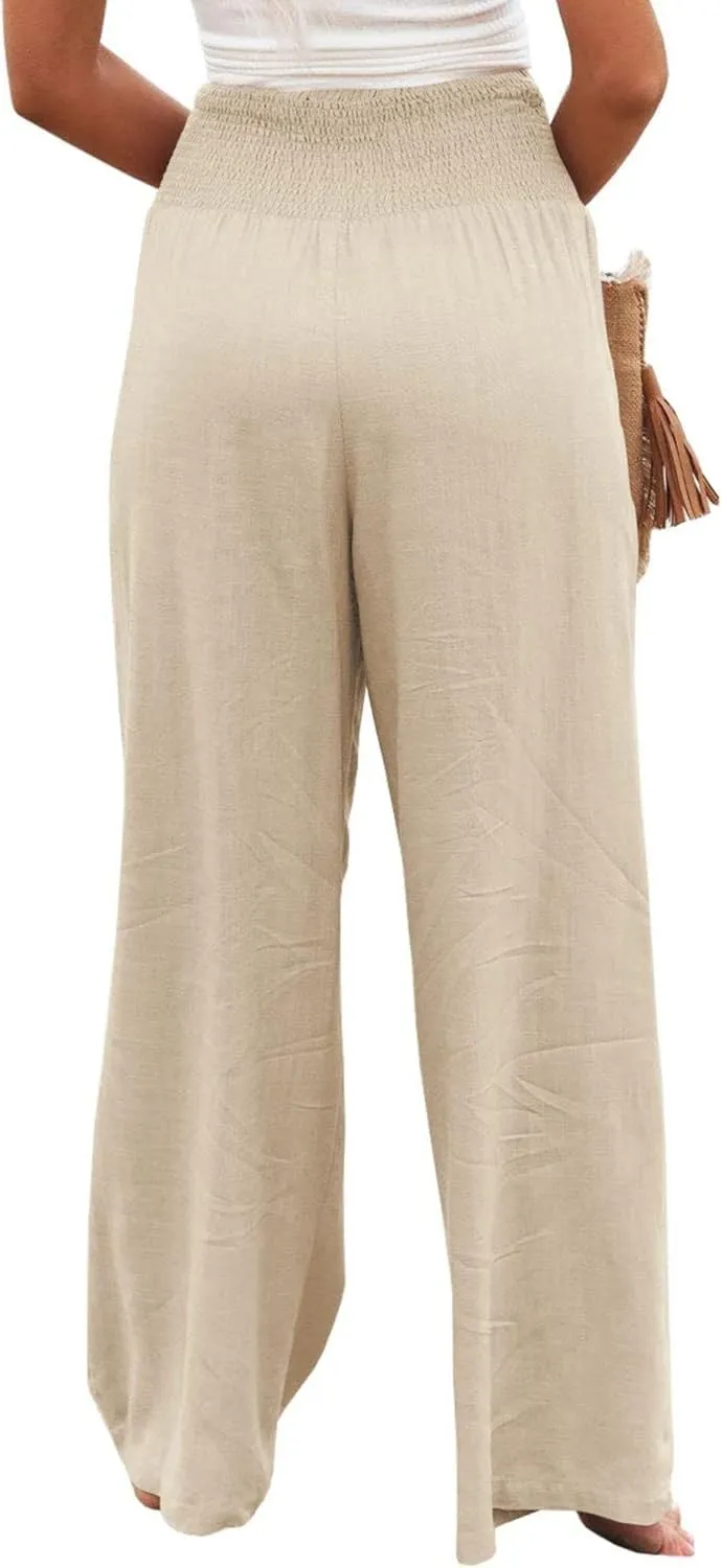 Women Summer High Waisted Cotton Linen Palazzo Pants Casual Boho Wide Leg 2025 Beach Lounge Trousers with Pocket