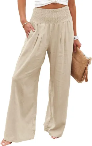 Women Summer High Waisted Cotton Linen Palazzo Pants Casual Boho Wide Leg 2025 Beach Lounge Trousers with Pocket
