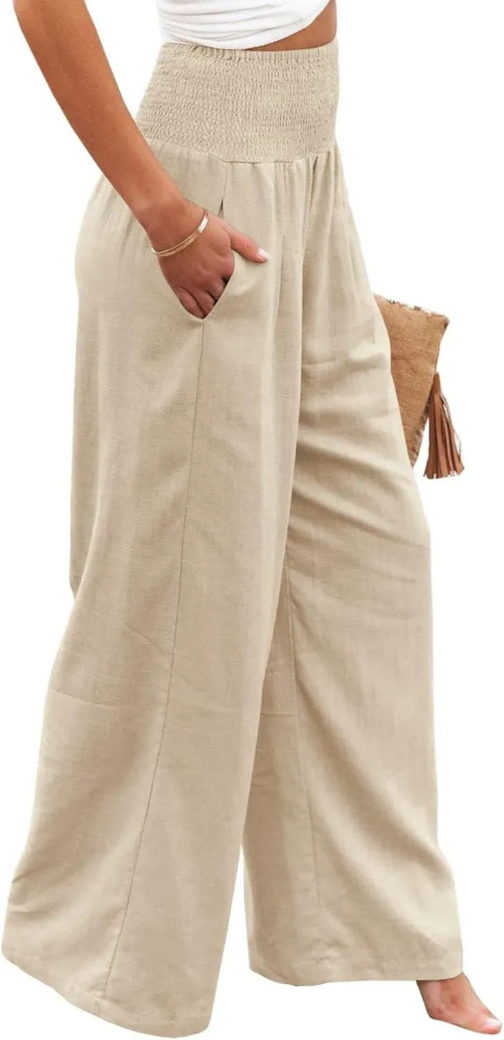 Women Summer High Waisted Cotton Linen Palazzo Pants Casual Boho Wide Leg 2025 Beach Lounge Trousers with Pocket