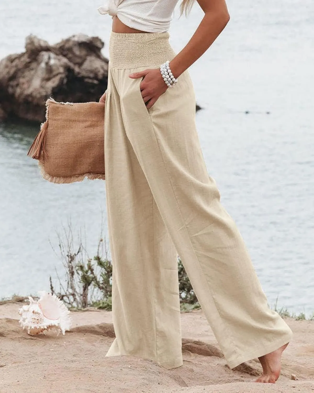 Women Summer High Waisted Cotton Linen Palazzo Pants Casual Boho Wide Leg 2025 Beach Lounge Trousers with Pocket