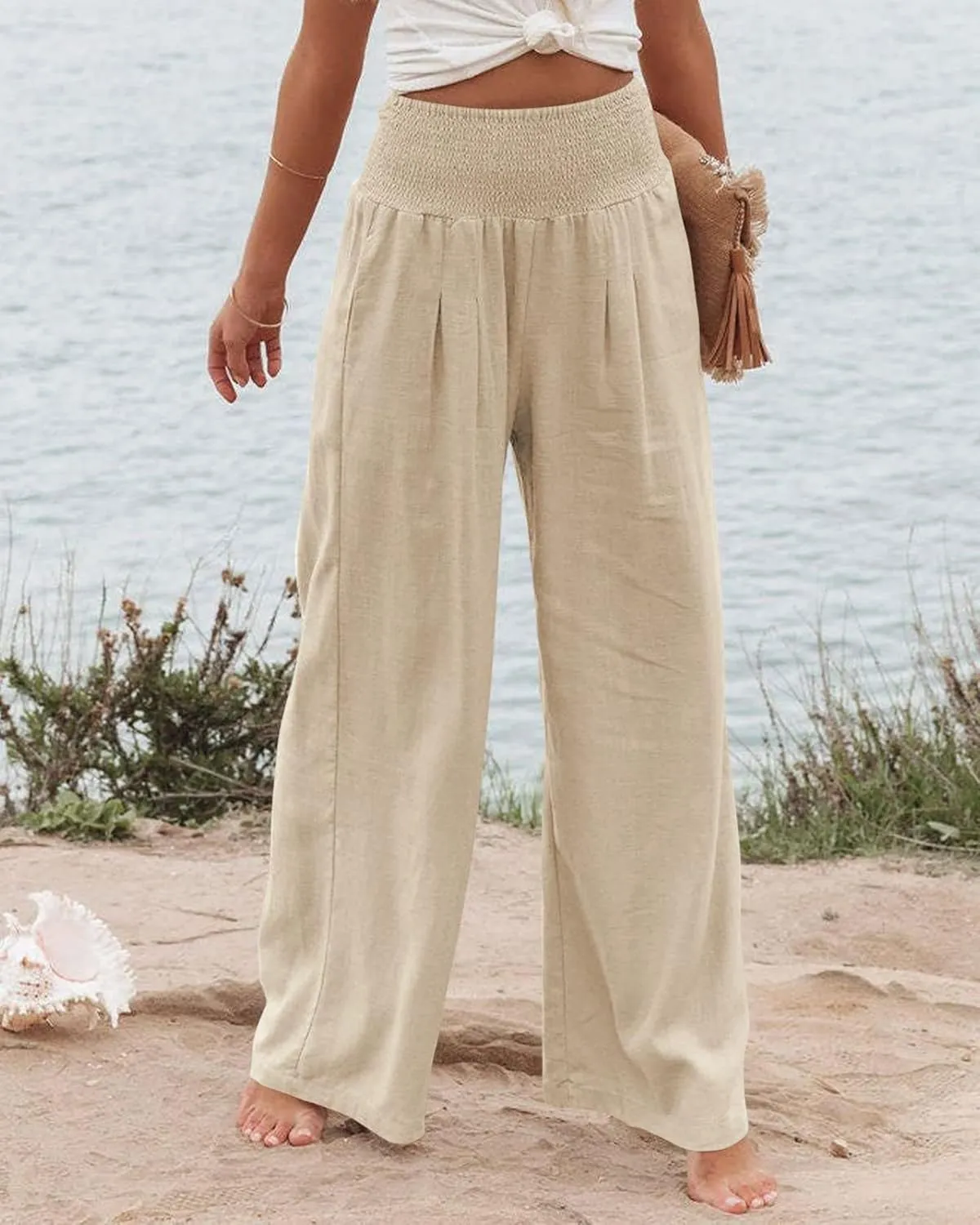 Women Summer High Waisted Cotton Linen Palazzo Pants Casual Boho Wide Leg 2025 Beach Lounge Trousers with Pocket