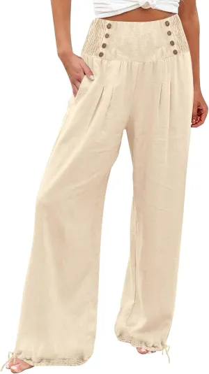 Women Summer High Waisted Wide Leg Lounge Smocked High Waist Loose Fit Linen Beach Lounge Pants with Pockets