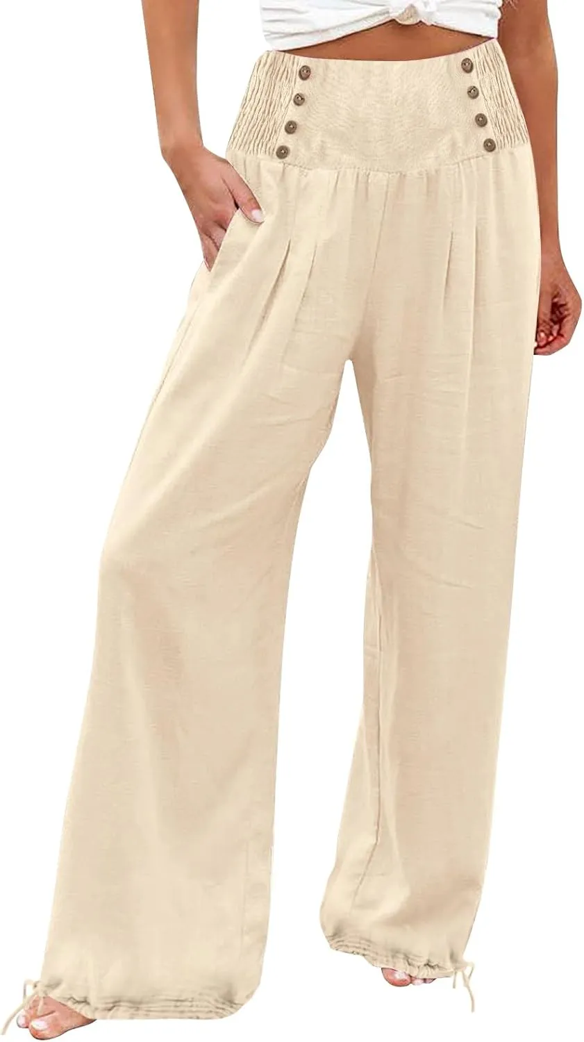 Women Summer High Waisted Wide Leg Lounge Smocked High Waist Loose Fit Linen Beach Lounge Pants with Pockets