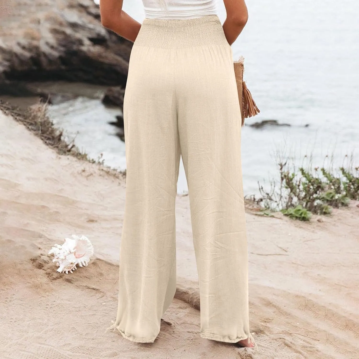 Women Summer High Waisted Wide Leg Lounge Smocked High Waist Loose Fit Linen Beach Lounge Pants with Pockets