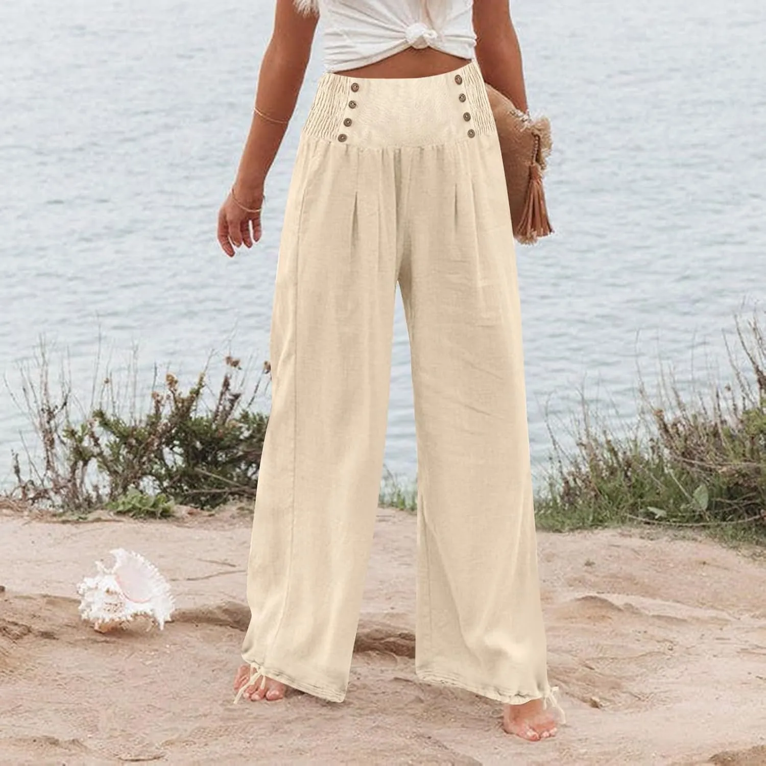Women Summer High Waisted Wide Leg Lounge Smocked High Waist Loose Fit Linen Beach Lounge Pants with Pockets