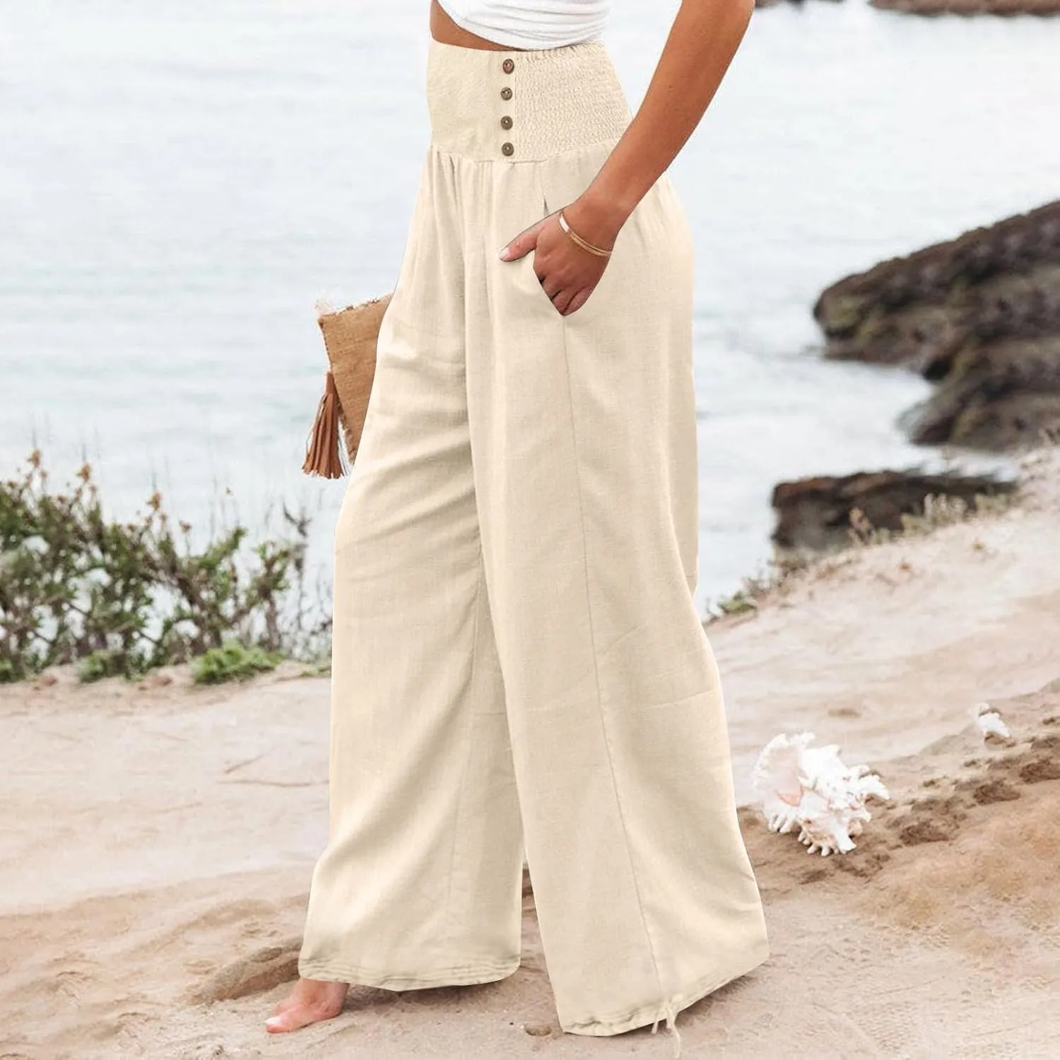Women Summer High Waisted Wide Leg Lounge Smocked High Waist Loose Fit Linen Beach Lounge Pants with Pockets