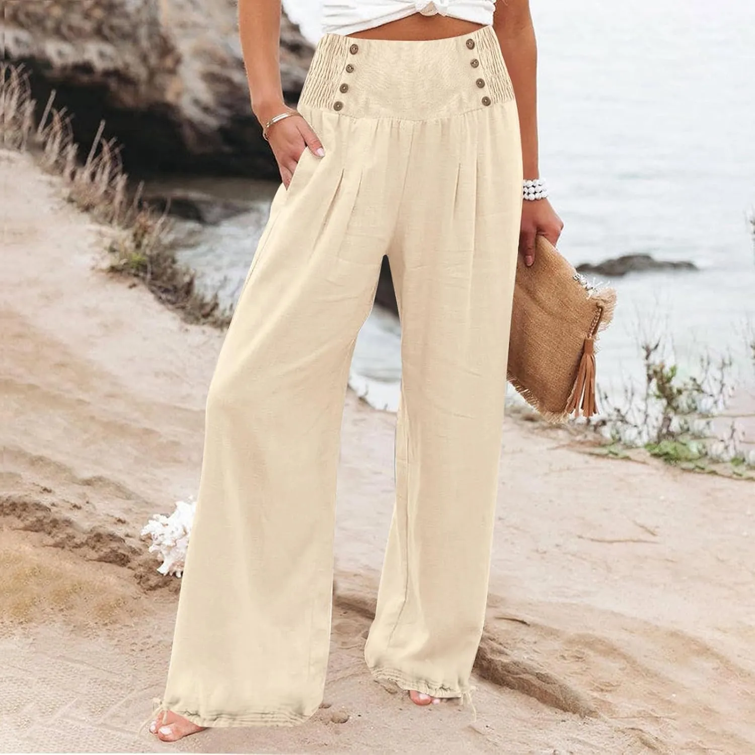 Women Summer High Waisted Wide Leg Lounge Smocked High Waist Loose Fit Linen Beach Lounge Pants with Pockets