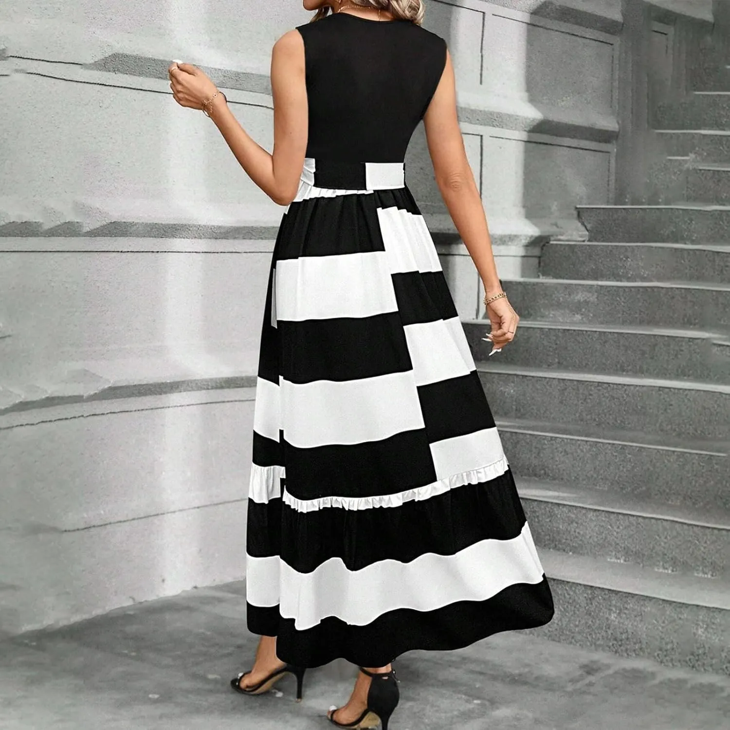 Women Sundress Summer Casual Floral Crewneck Tank Elegant Dress Flowy Ruffle Hem Tie Waist Maxi Sundresses