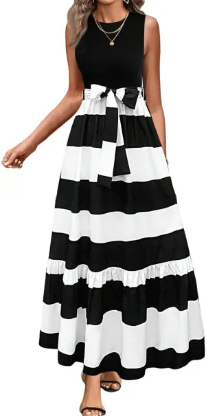 Women Sundress Summer Casual Floral Crewneck Tank Elegant Dress Flowy Ruffle Hem Tie Waist Maxi Sundresses