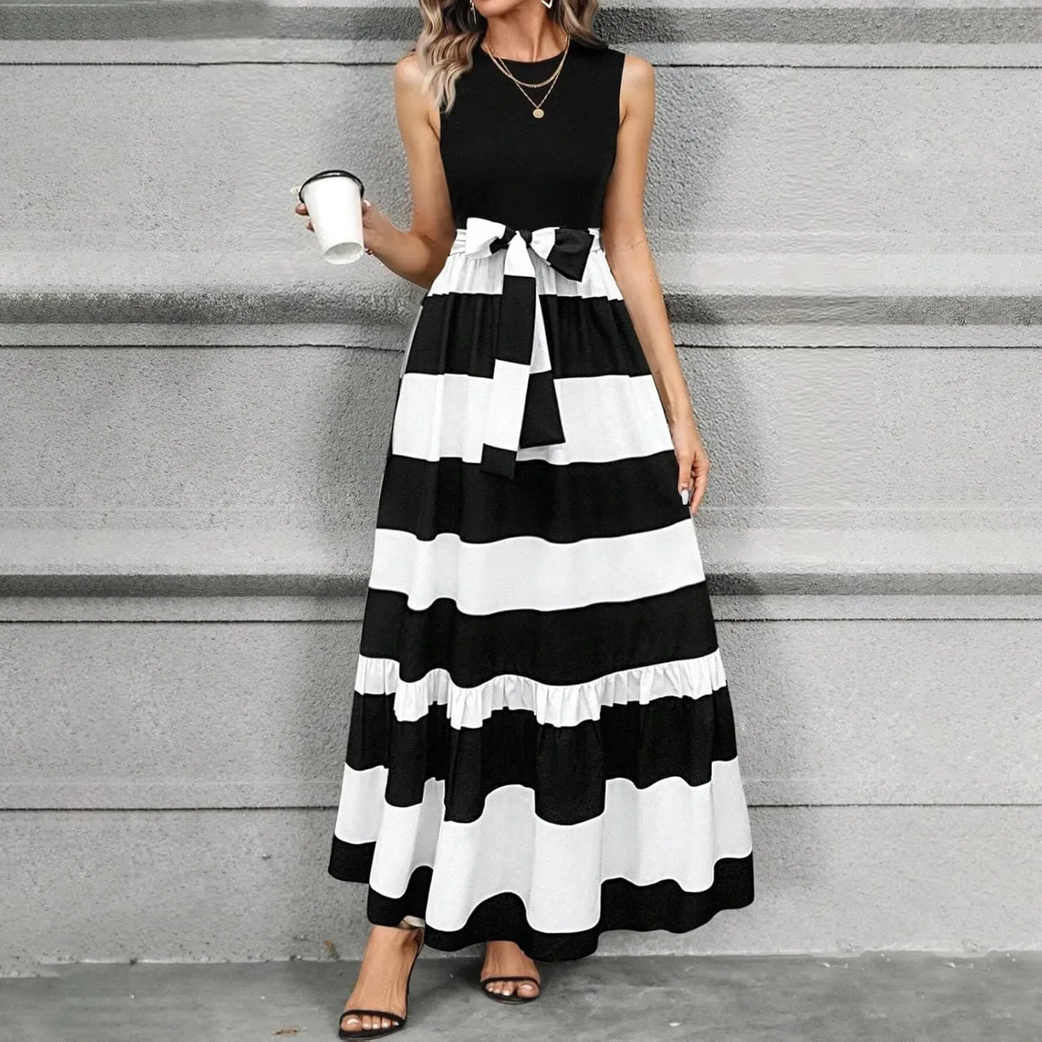 Women Sundress Summer Casual Floral Crewneck Tank Elegant Dress Flowy Ruffle Hem Tie Waist Maxi Sundresses