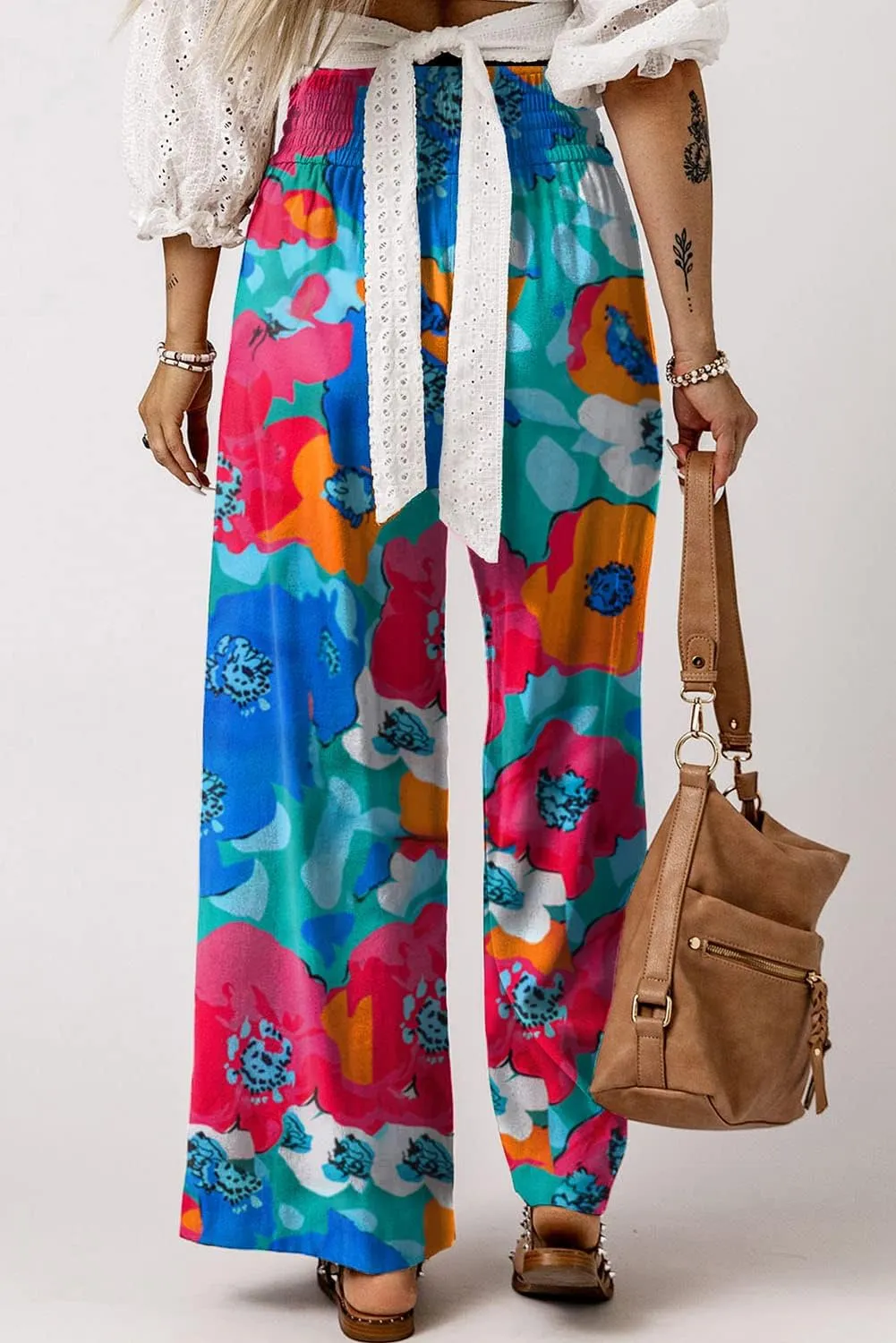 Women Wide Leg Casual Pant High Waist Drawstring Floral Print Trousers Palazzo Lounge Elastic Dance Sweatpants Pants