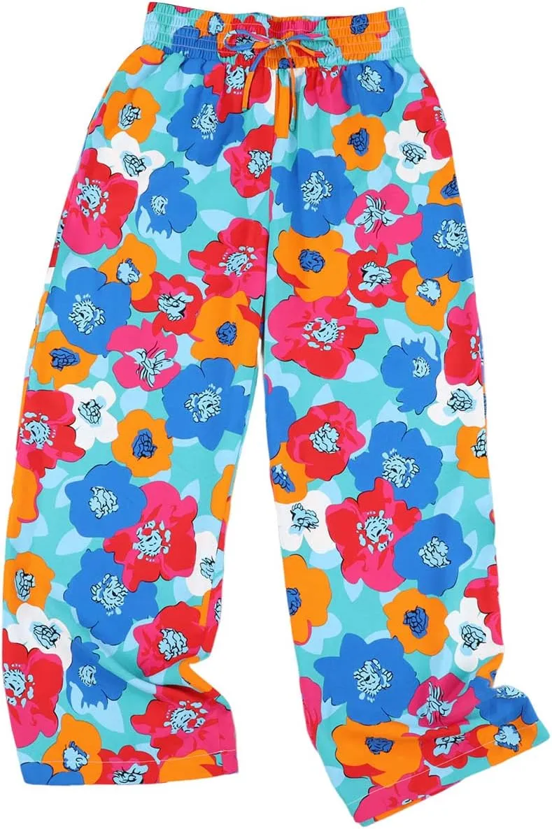 Women Wide Leg Casual Pant High Waist Drawstring Floral Print Trousers Palazzo Lounge Elastic Dance Sweatpants Pants