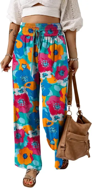 Women Wide Leg Casual Pant High Waist Drawstring Floral Print Trousers Palazzo Lounge Elastic Dance Sweatpants Pants