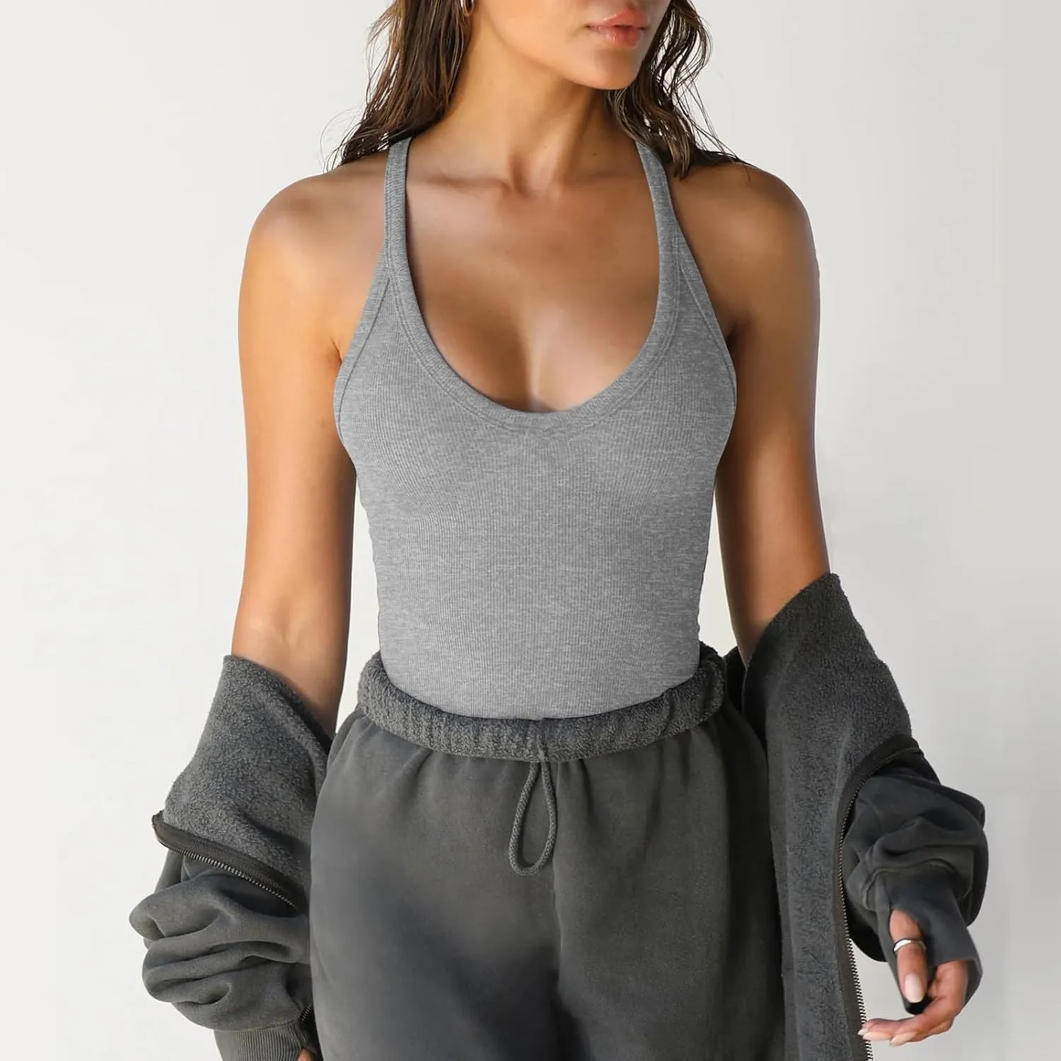 Women Workout Tank Tops Racerback Basic Vest Yoga Summer V Neck Slim Fit Ribbed Sleeveless Camisole