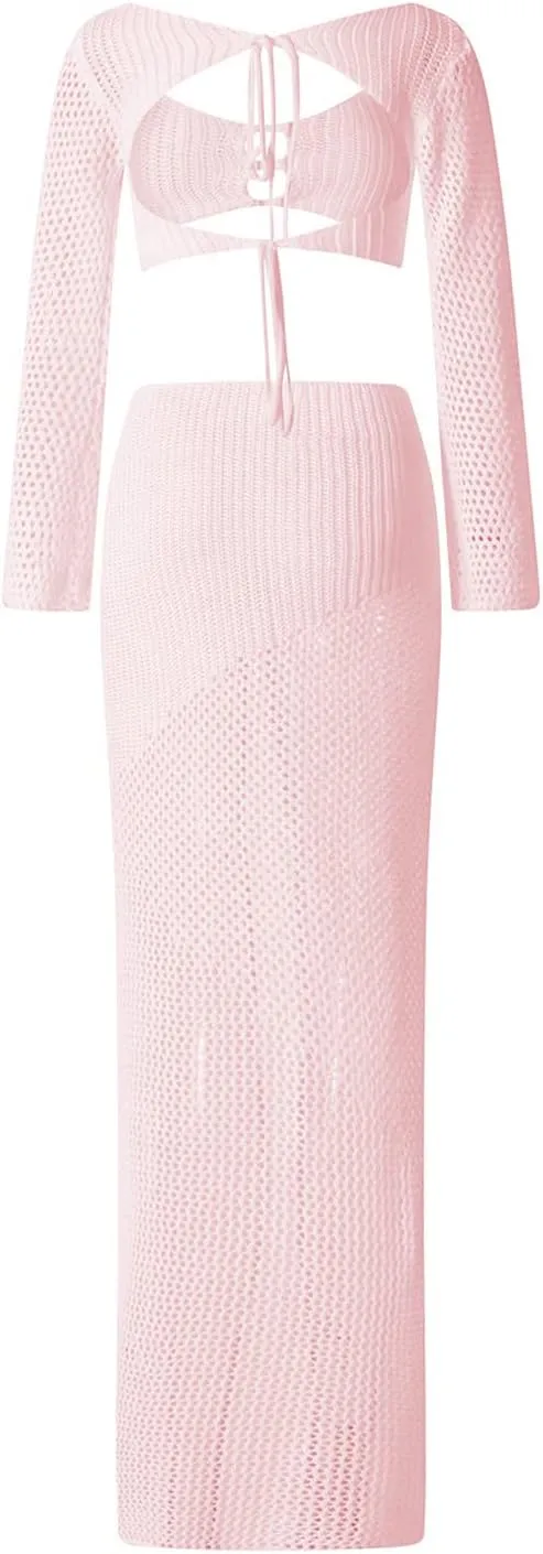 Women Y2K Hollow Out Knit Skirt Outfits Long Sleeve Square Neck Crop Tops with Long Skirts Sexy Beach 2pcs Sets