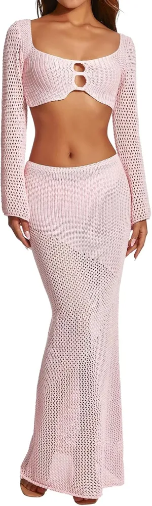 Women Y2K Hollow Out Knit Skirt Outfits Long Sleeve Square Neck Crop Tops with Long Skirts Sexy Beach 2pcs Sets