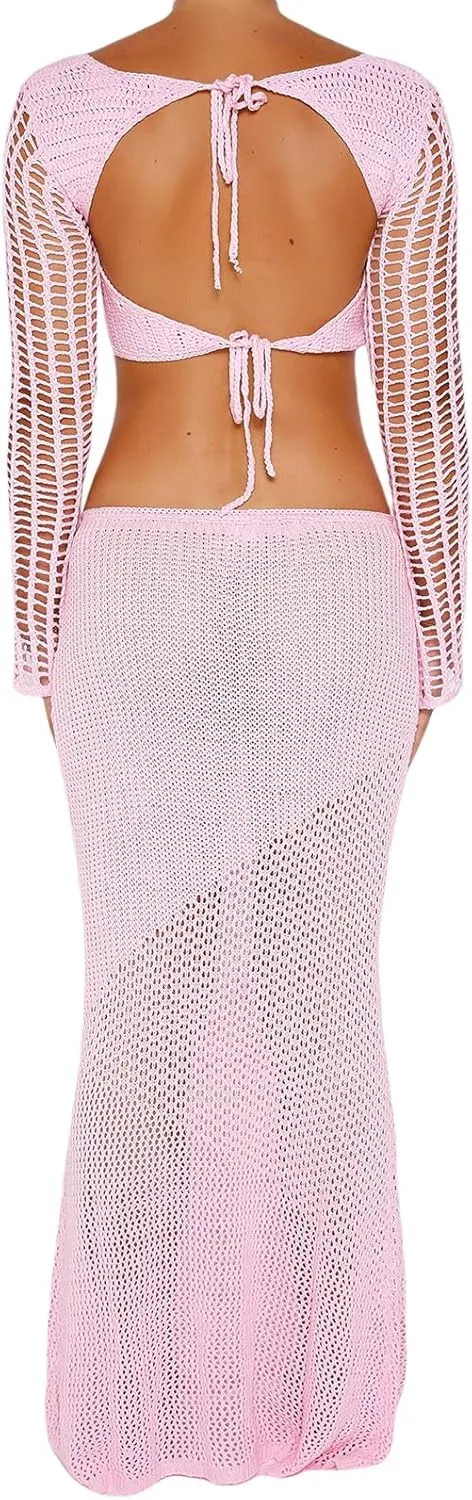Women Y2K Hollow Out Knit Skirt Outfits Long Sleeve Square Neck Crop Tops with Long Skirts Sexy Beach 2pcs Sets