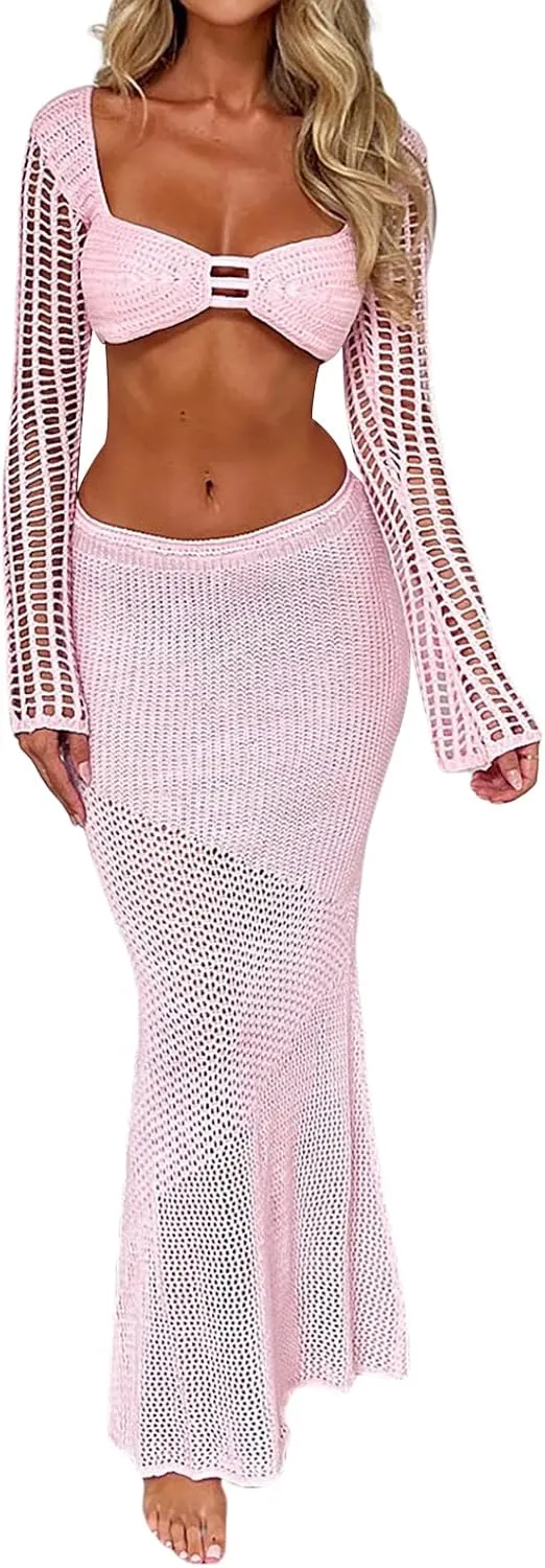 Women Y2K Hollow Out Knit Skirt Outfits Long Sleeve Square Neck Crop Tops with Long Skirts Sexy Beach 2pcs Sets