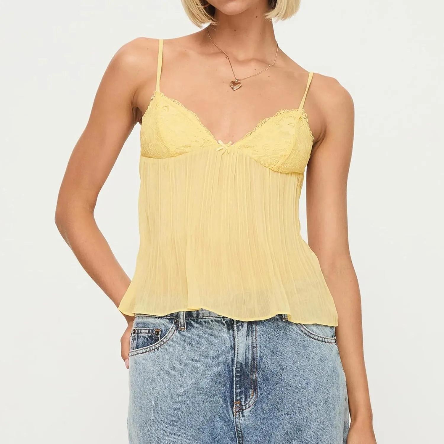 Women Y2k Lace Trim Camisole Spaghetti Strap Flowy Babydoll Tank Tops Cute Bow V Neck Ruffle Hem Peplum Camis