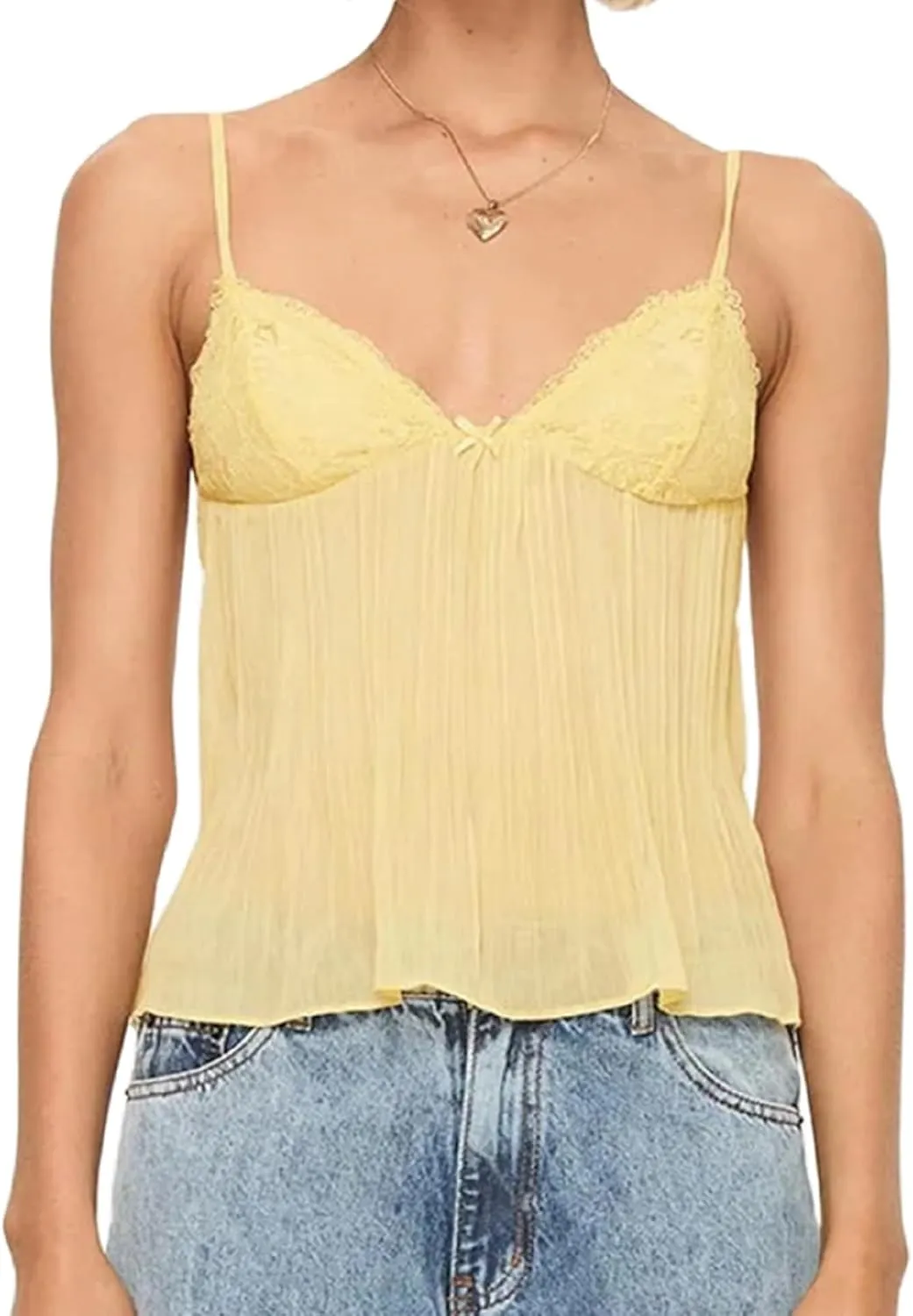 Women Y2k Lace Trim Camisole Spaghetti Strap Flowy Babydoll Tank Tops Cute Bow V Neck Ruffle Hem Peplum Camis