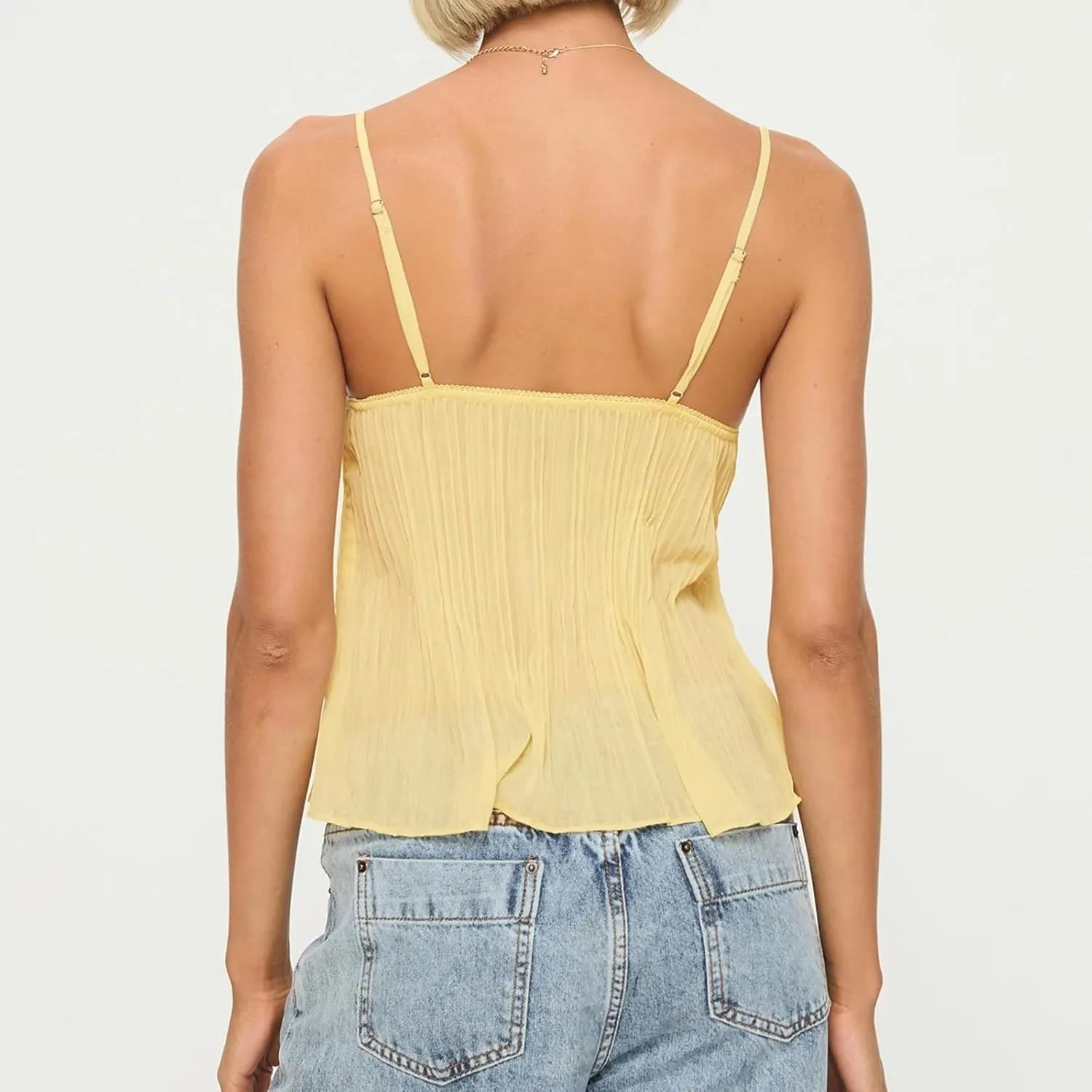 Women Y2k Lace Trim Camisole Spaghetti Strap Flowy Babydoll Tank Tops Cute Bow V Neck Ruffle Hem Peplum Camis