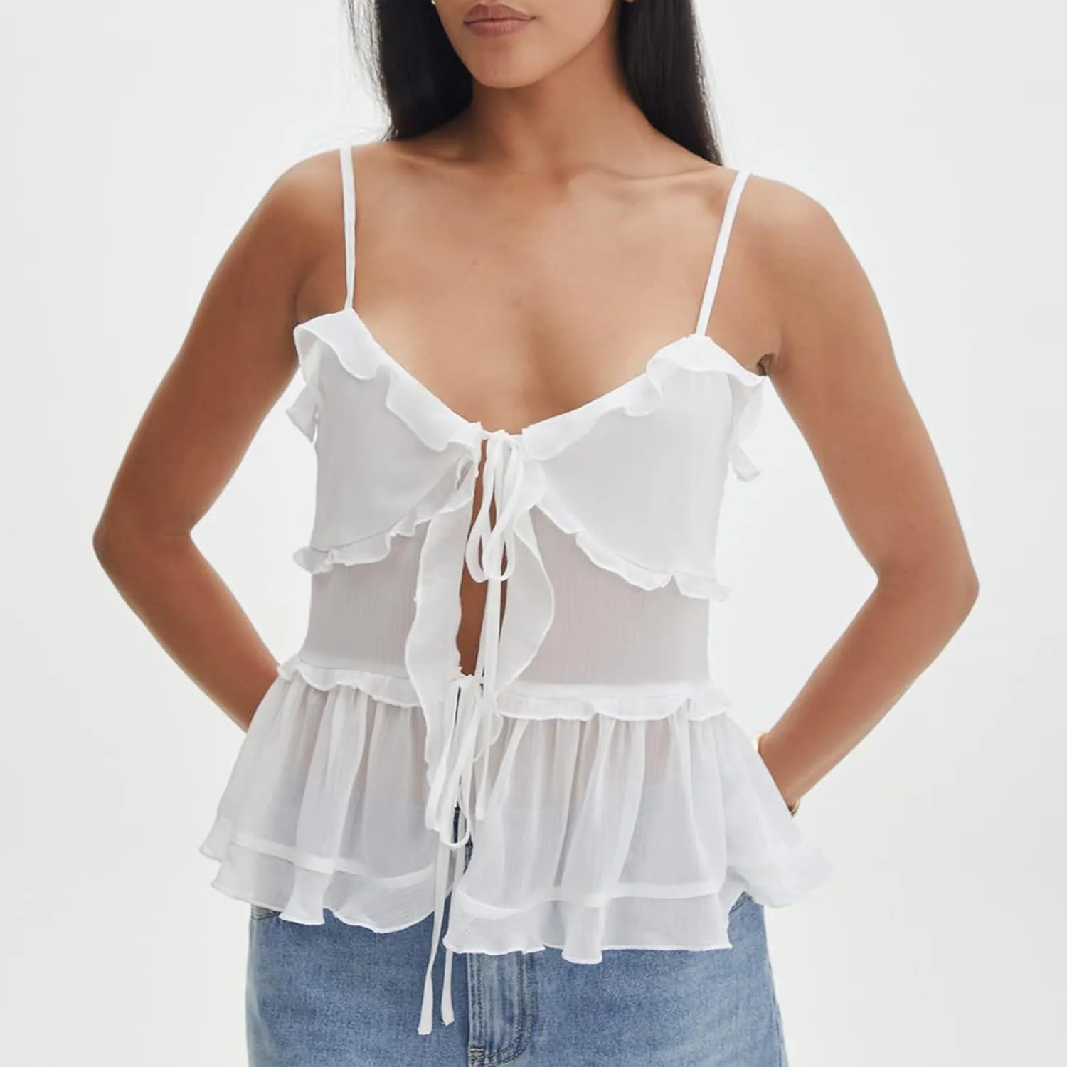 Women Y2K Mesh Camisole Top Sexy Spaghetti Strap Backless See Through Crop Vest Bustier Going Out Tops Streetwear