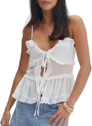 Women Y2K Mesh Camisole Top Sexy Spaghetti Strap Backless See Through Crop Vest Bustier Going Out Tops Streetwear
