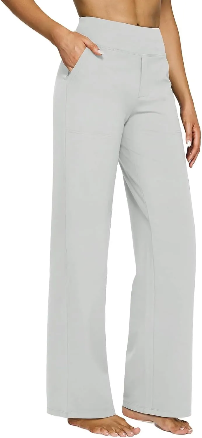 Women Yoga Pants High Waist Wide Leg Work Pants Comfy Stretch Lounge Trousers Solid Color Flare Sweatpants with Pockets