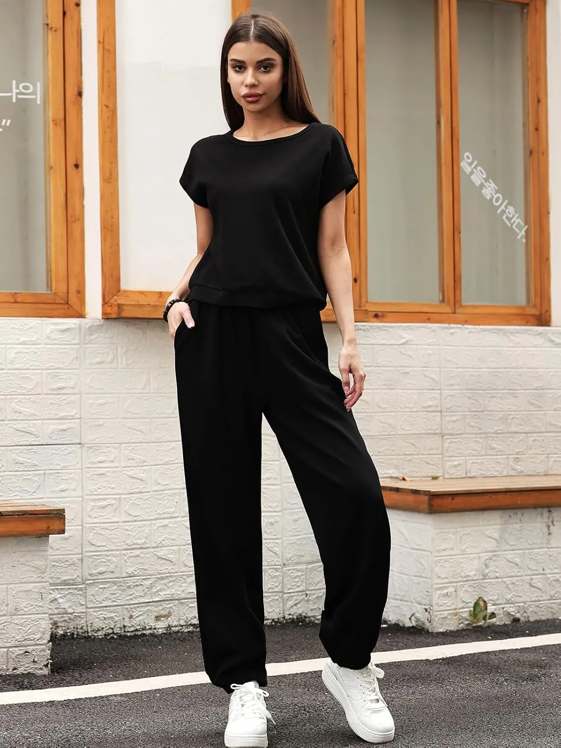 Women's 2 Piece Outfits Cap Sleeve Tops High Waist Pants Lounge Set Athletic Jogger Tracksuit Fashion Loungewear
