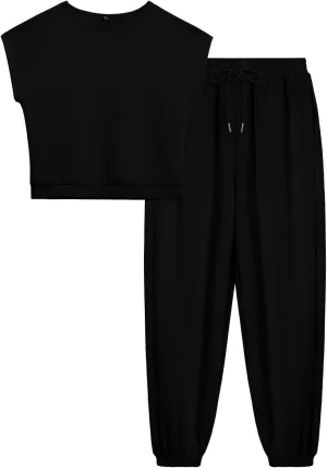 Women's 2 Piece Outfits Cap Sleeve Tops High Waist Pants Lounge Set Athletic Jogger Tracksuit Fashion Loungewear