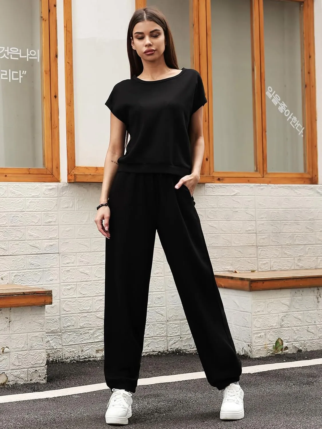 Women's 2 Piece Outfits Cap Sleeve Tops High Waist Pants Lounge Set Athletic Jogger Tracksuit Fashion Loungewear