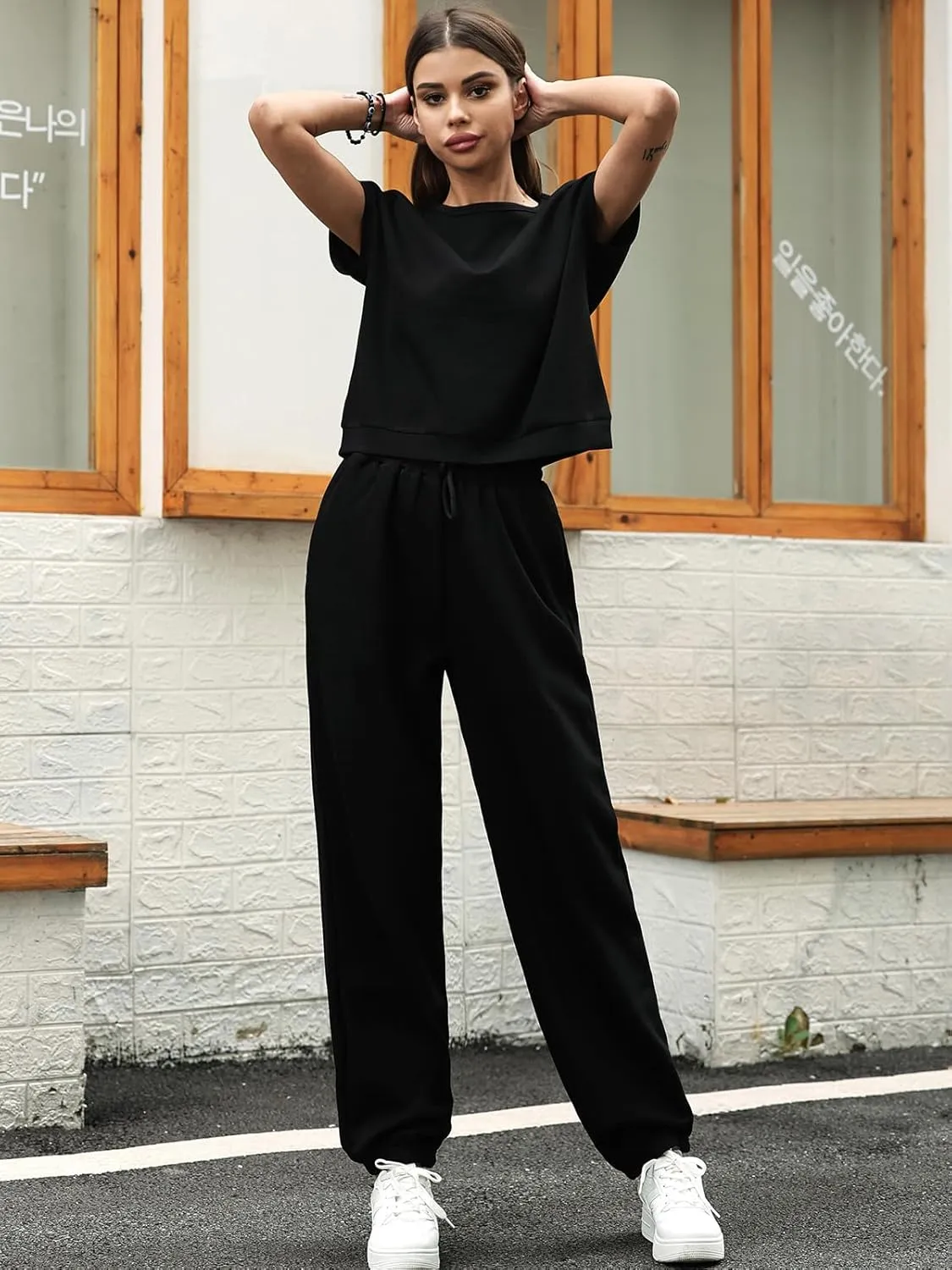 Women's 2 Piece Outfits Cap Sleeve Tops High Waist Pants Lounge Set Athletic Jogger Tracksuit Fashion Loungewear