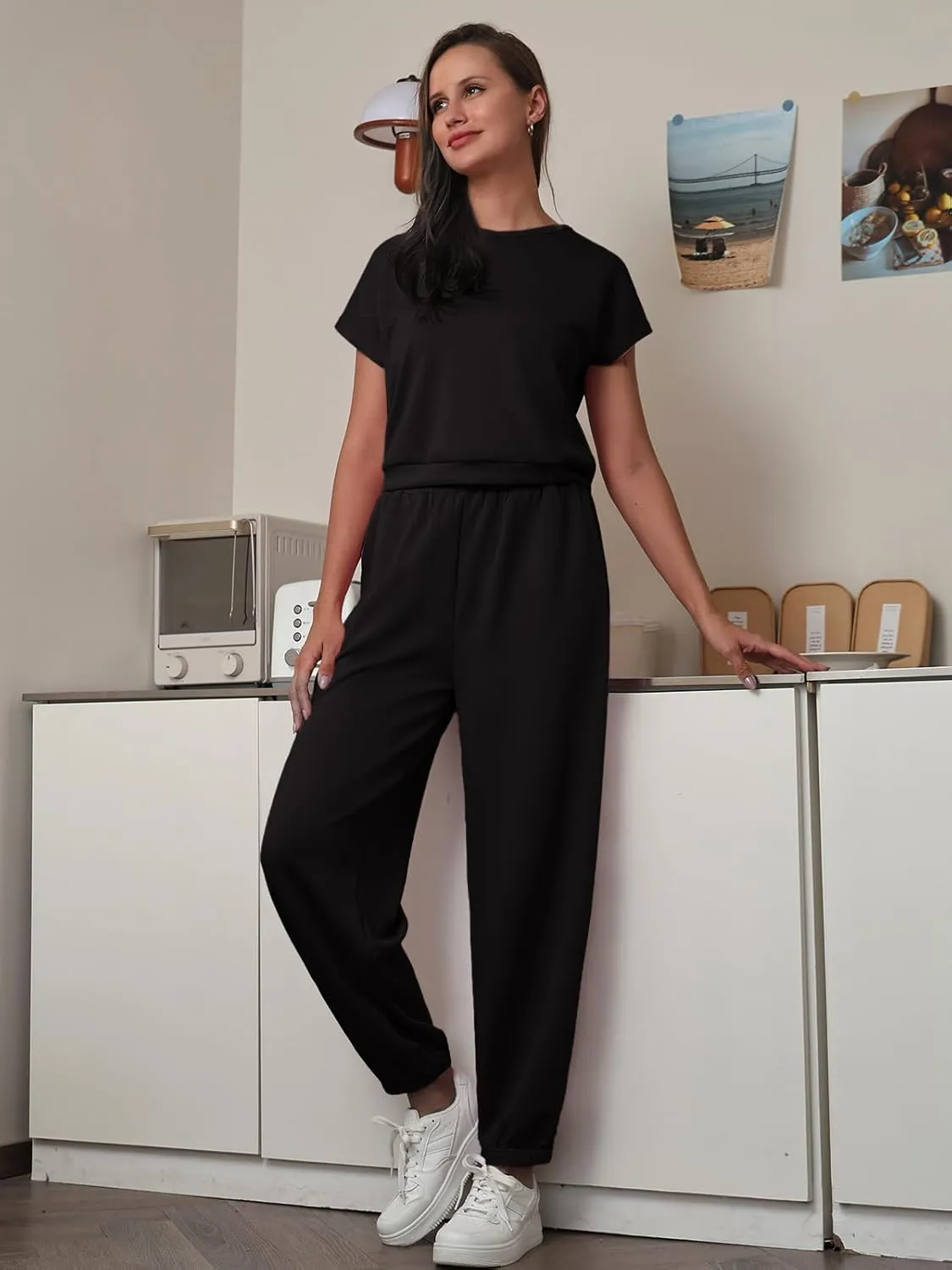 Women's 2 Piece Outfits Cap Sleeve Tops High Waist Pants Lounge Set Athletic Jogger Tracksuit Fashion Loungewear