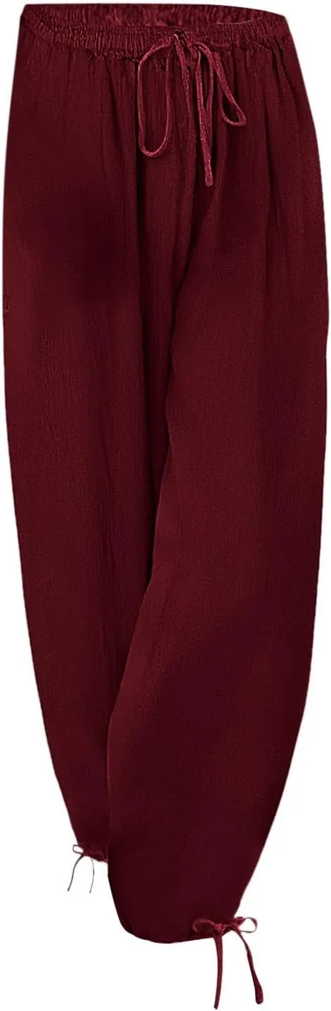 Women's Baggy Linen Pants Drawstring Elasic Waist Casual Joggers Loose Summer Lightweight Beach Pants Lounge Trousers