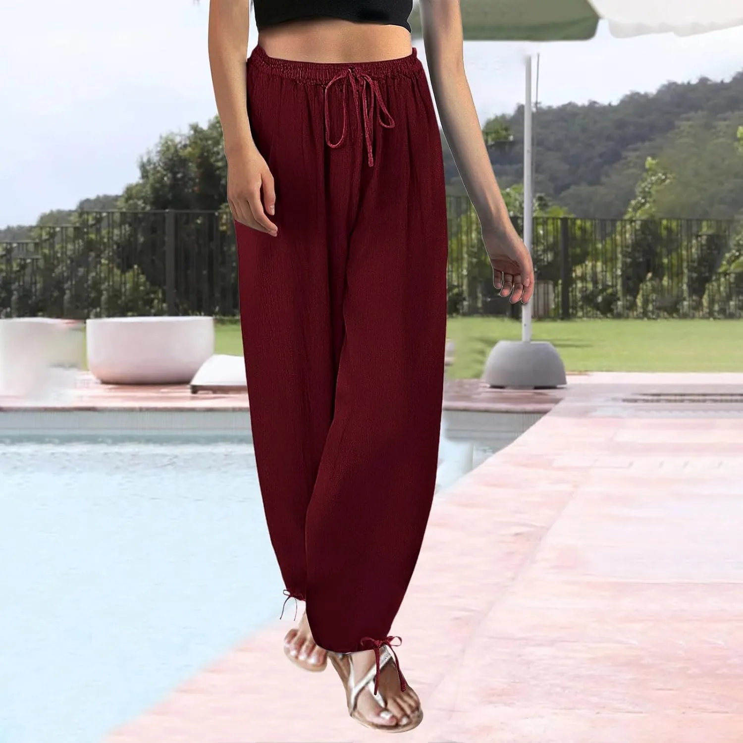 Women's Baggy Linen Pants Drawstring Elasic Waist Casual Joggers Loose Summer Lightweight Beach Pants Lounge Trousers