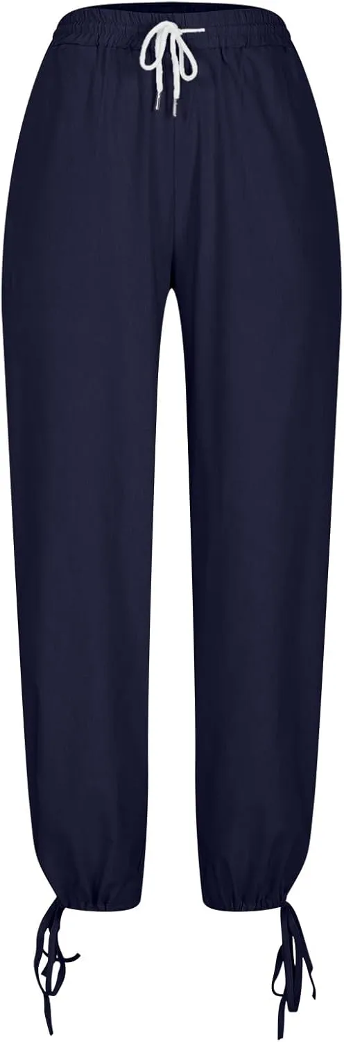 Womens Beach Pants Summer Casual Loose Plus Size Pants Work Drawstring High Waisted Linen Pants Trousers with Pckets