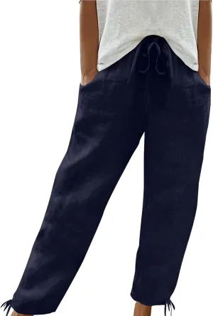 Womens Beach Pants Summer Casual Loose Plus Size Pants Work Drawstring High Waisted Linen Pants Trousers with Pckets