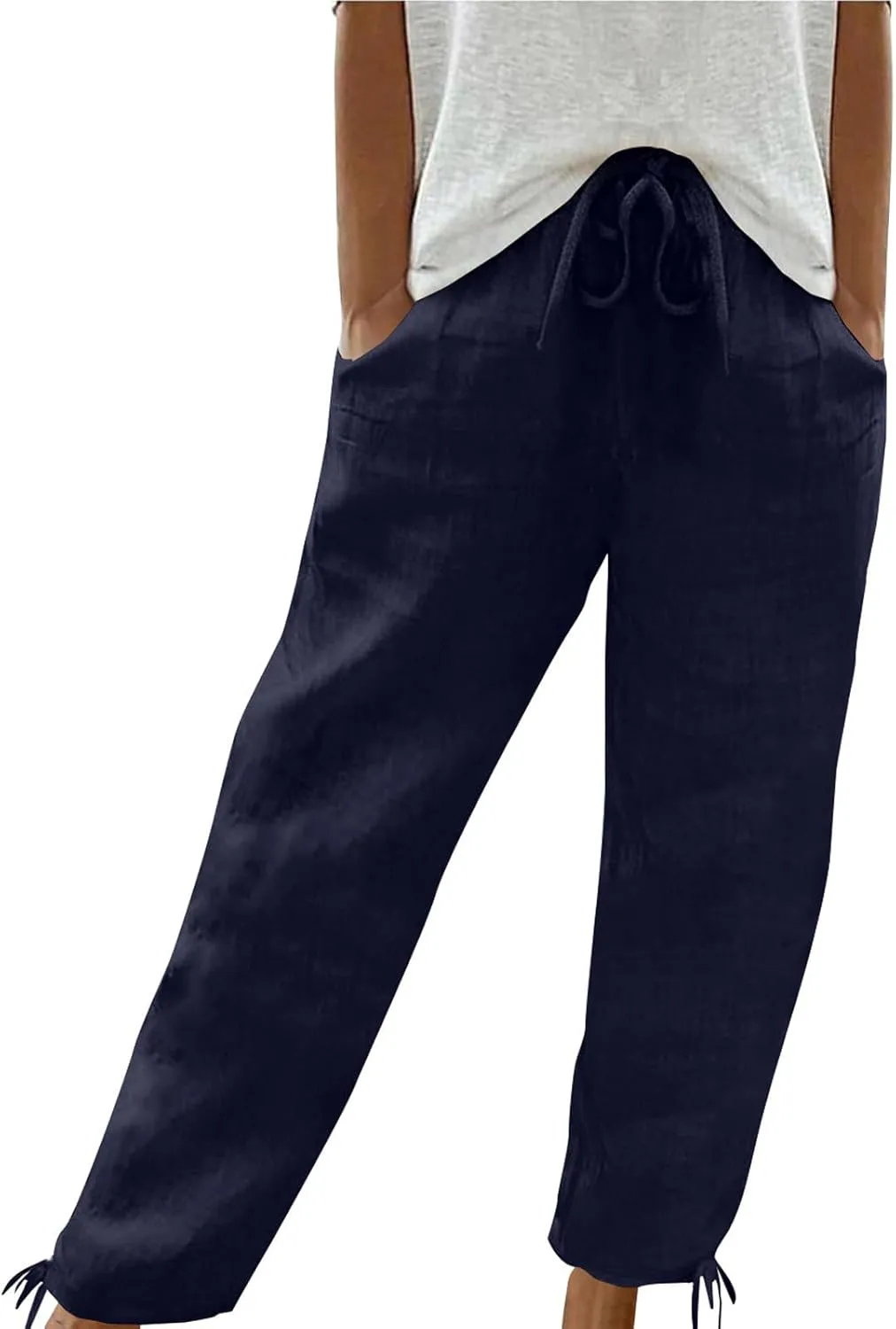 Womens Beach Pants Summer Casual Loose Plus Size Pants Work Drawstring High Waisted Linen Pants Trousers with Pckets