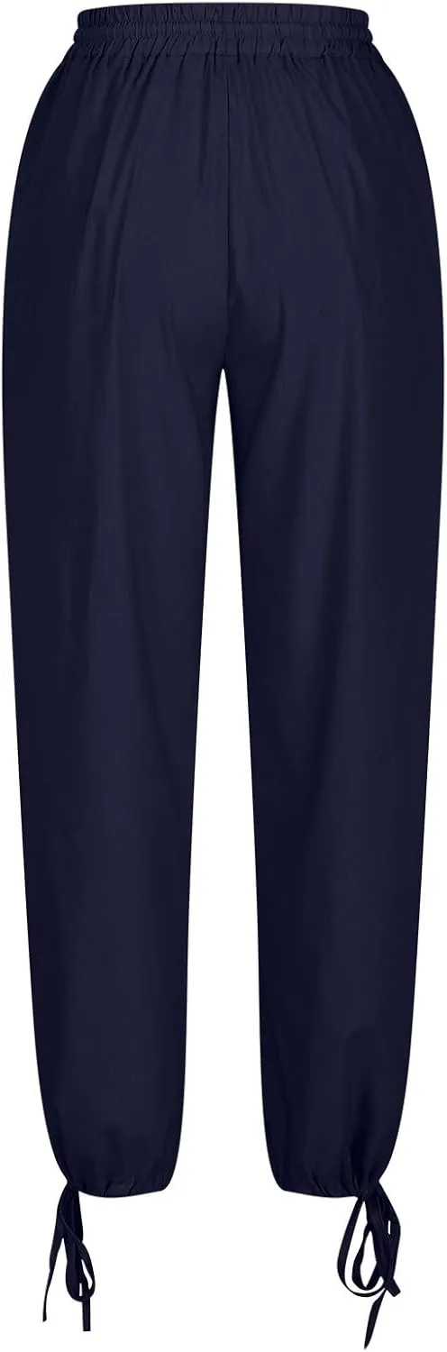 Womens Beach Pants Summer Casual Loose Plus Size Pants Work Drawstring High Waisted Linen Pants Trousers with Pckets