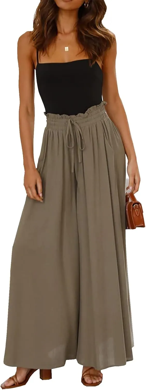 Women's Boho Casual Wide Leg Flowy Pants Elastic High Waist Loose Comfy Yoga Athletic Lounge Trousers with Pockets