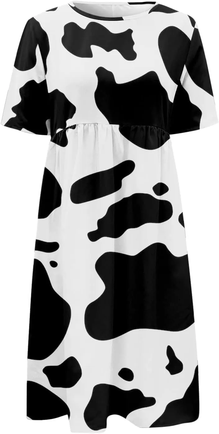 Womens Boho Floral Long Tshirt Dress with Pocket Fall Summer Casual Short Sleeve Plus Size Flowy Midi Beach Dress