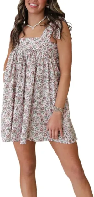 Womens Boho Floral Mini Dress Cottagecore Cute Tie Shoulder Spaghetti Strap Summer A Line Coquette Aesthetic Sundresses