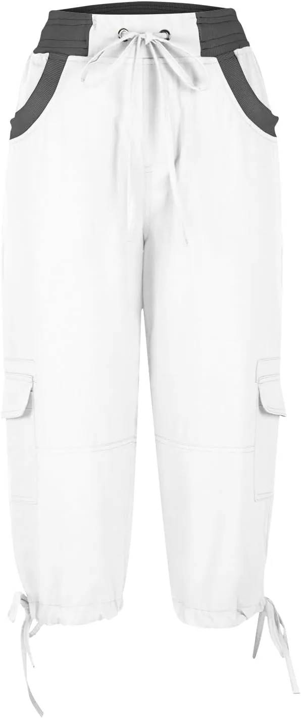 Womens Cargo Capris Pants Summer Casual Drawstring Low Waisted Hiking Jogger Outdoor Athletic 3/4 Trousers Pockets