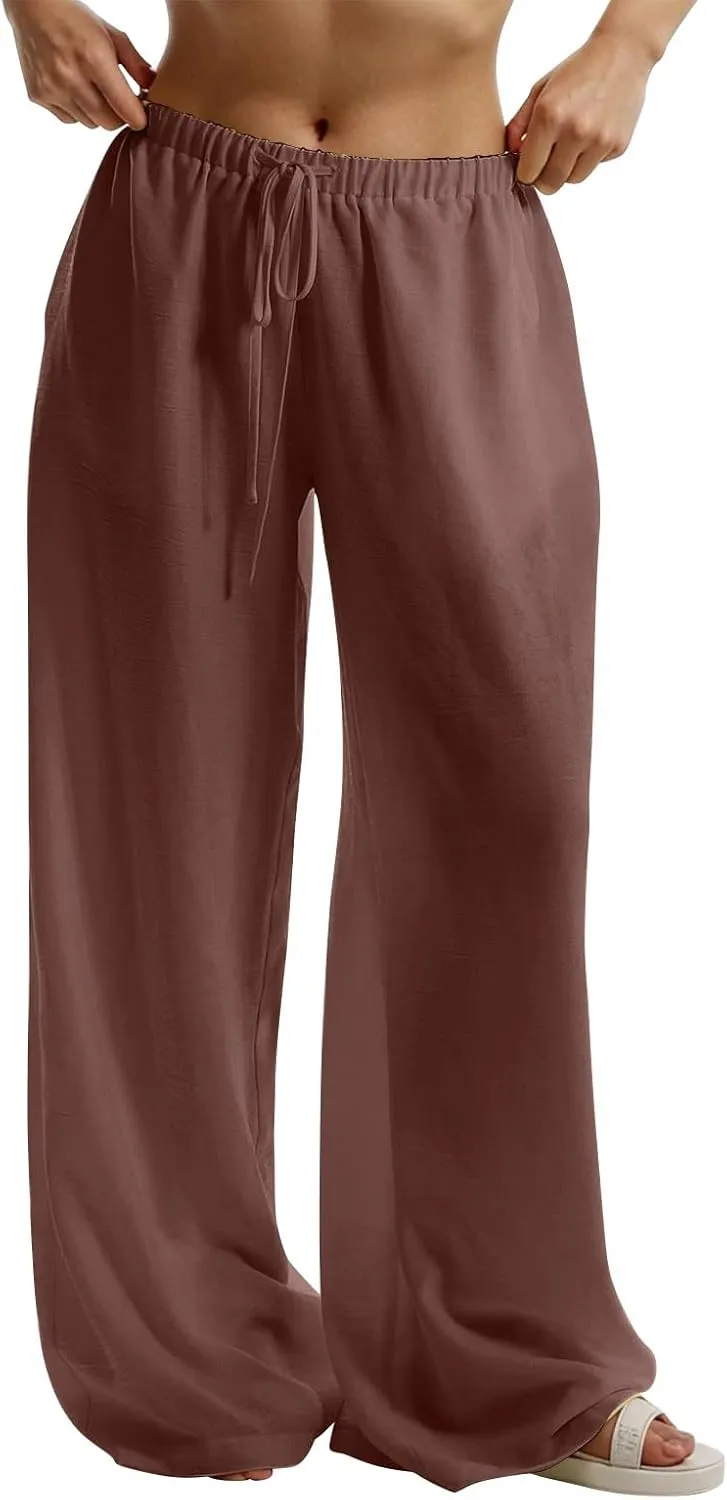 Womens Cargo Pants, White Pants Women Linen Cotton Work Palazzo Trousers Straight Leg Summer High Waisted