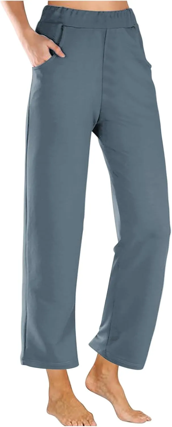 Womens Casual Cropped Pants 2024 Fashion Elastic Waist Wide Leg Crop Pants Summer Loose Beach Yoga Pants with Pockets