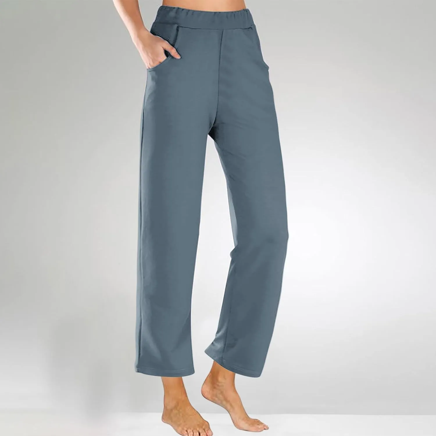 Womens Casual Cropped Pants 2024 Fashion Elastic Waist Wide Leg Crop Pants Summer Loose Beach Yoga Pants with Pockets