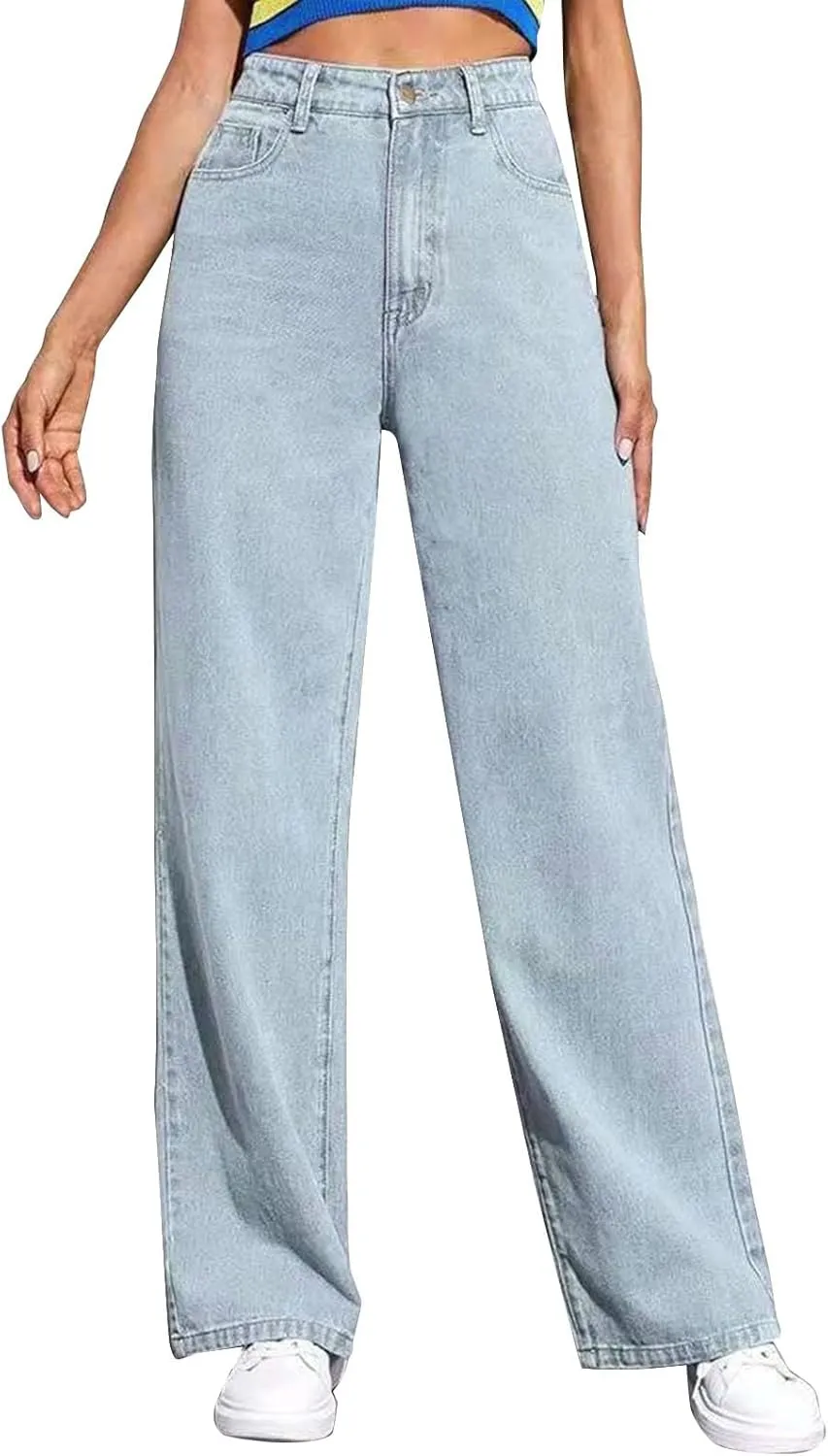 Women's Casual High Waisted Wide Leg Denim Jeans Straight Wide Leg Loose Denim Pants Y2K Harajuku Style Trousers
