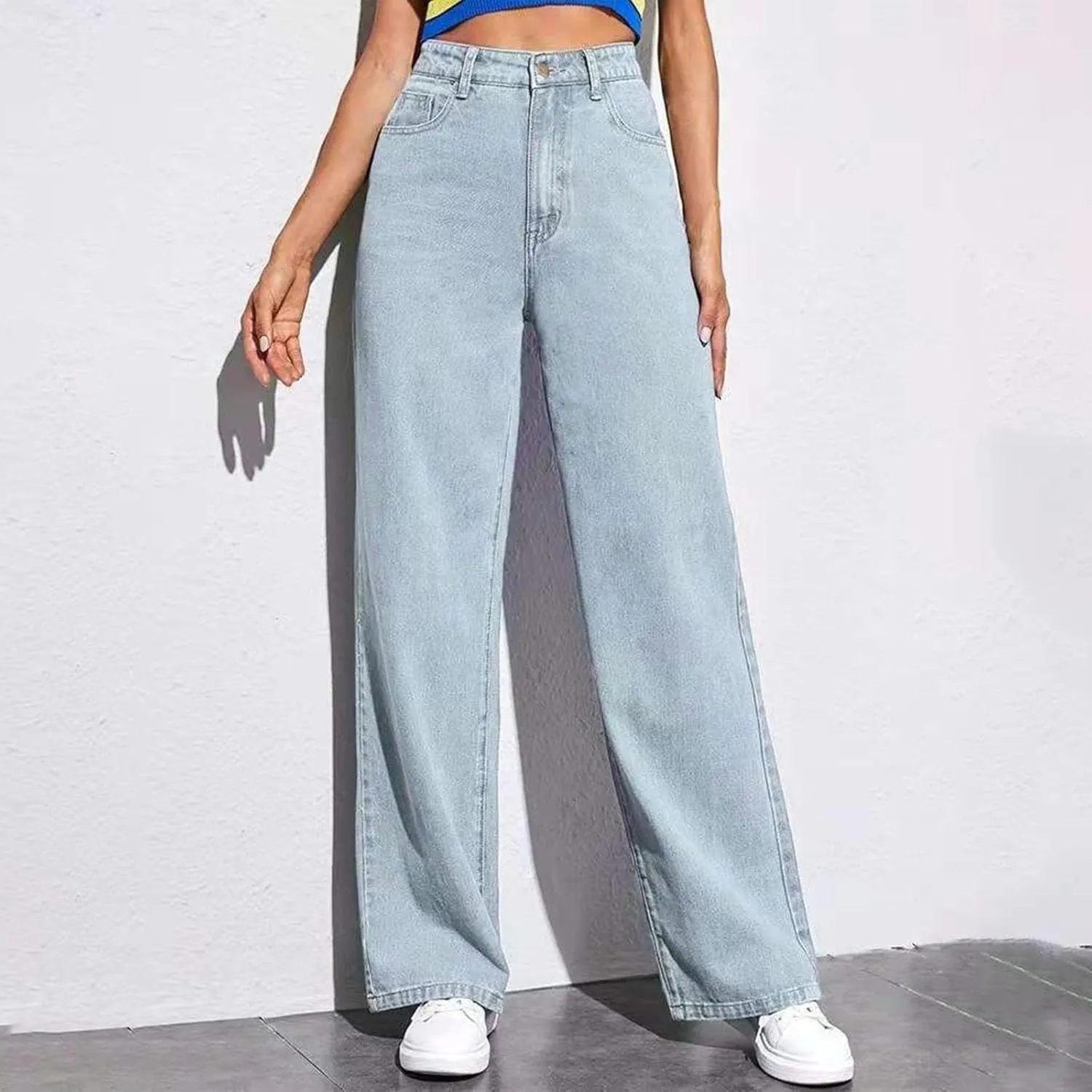 Women's Casual High Waisted Wide Leg Denim Jeans Straight Wide Leg Loose Denim Pants Y2K Harajuku Style Trousers